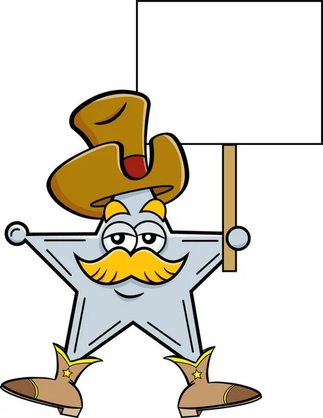 Dibujos Animados Ilustración Una Insignia Estrella Con Sombrero Vaquero Sosteniendo — Vector de stock