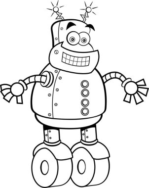 Gülümseyen mekanik bir robotun siyah beyaz çizimi.