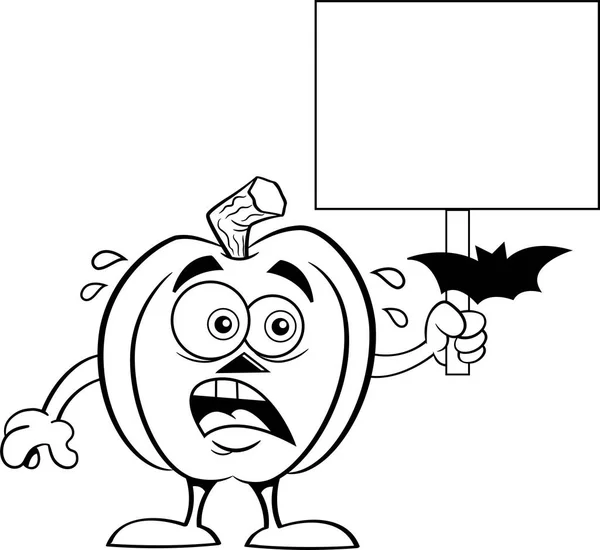 Black White Illustration Scared Pumpkin Starring Bat While Holding Sign — Stock Vector