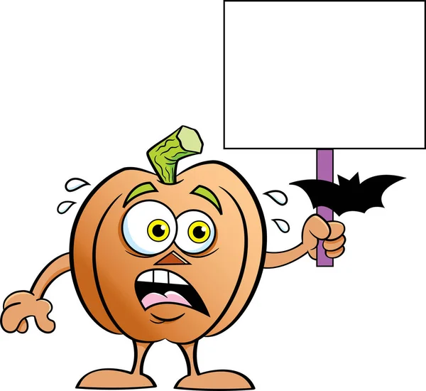 Cartoon Illustration Scared Pumpkin Staring Bat While Holding Sign — Stock Vector