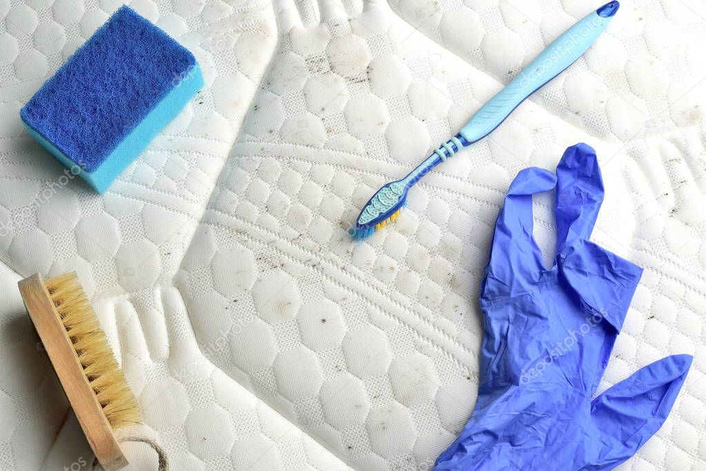 Removing mildew stains from the mattress`s surface. Brush, sponge, nitrile glove and tooth brush in the center. Fungus.