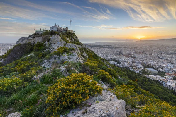 Weergave Van Athene Van Lycabettus Hill Bij Zonsondergang Griekenland — Stockfoto