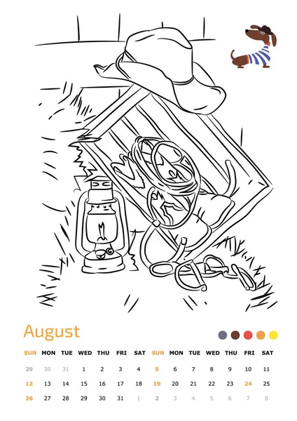 Zeichenkalender a4. Cowboy. augustl 2018. Jahr des Hundes — Stockvektor