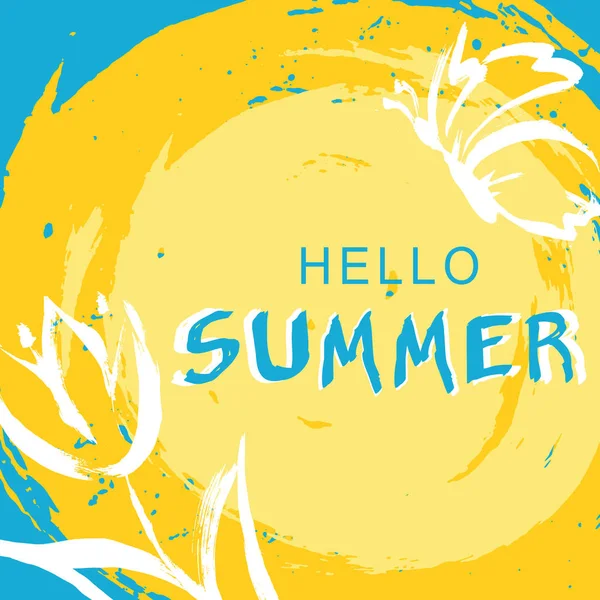 Hola tarjeta de verano con elementos de dibujo a mano como flor y mantequilla — Vector de stock