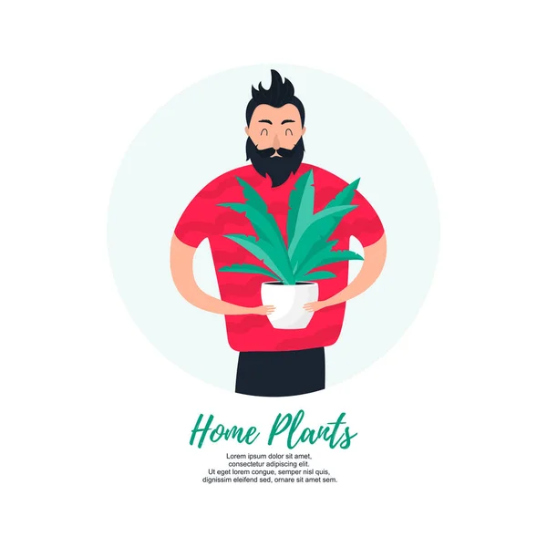 Jeune homme tenant dans les mains plante à la maison — Image vectorielle