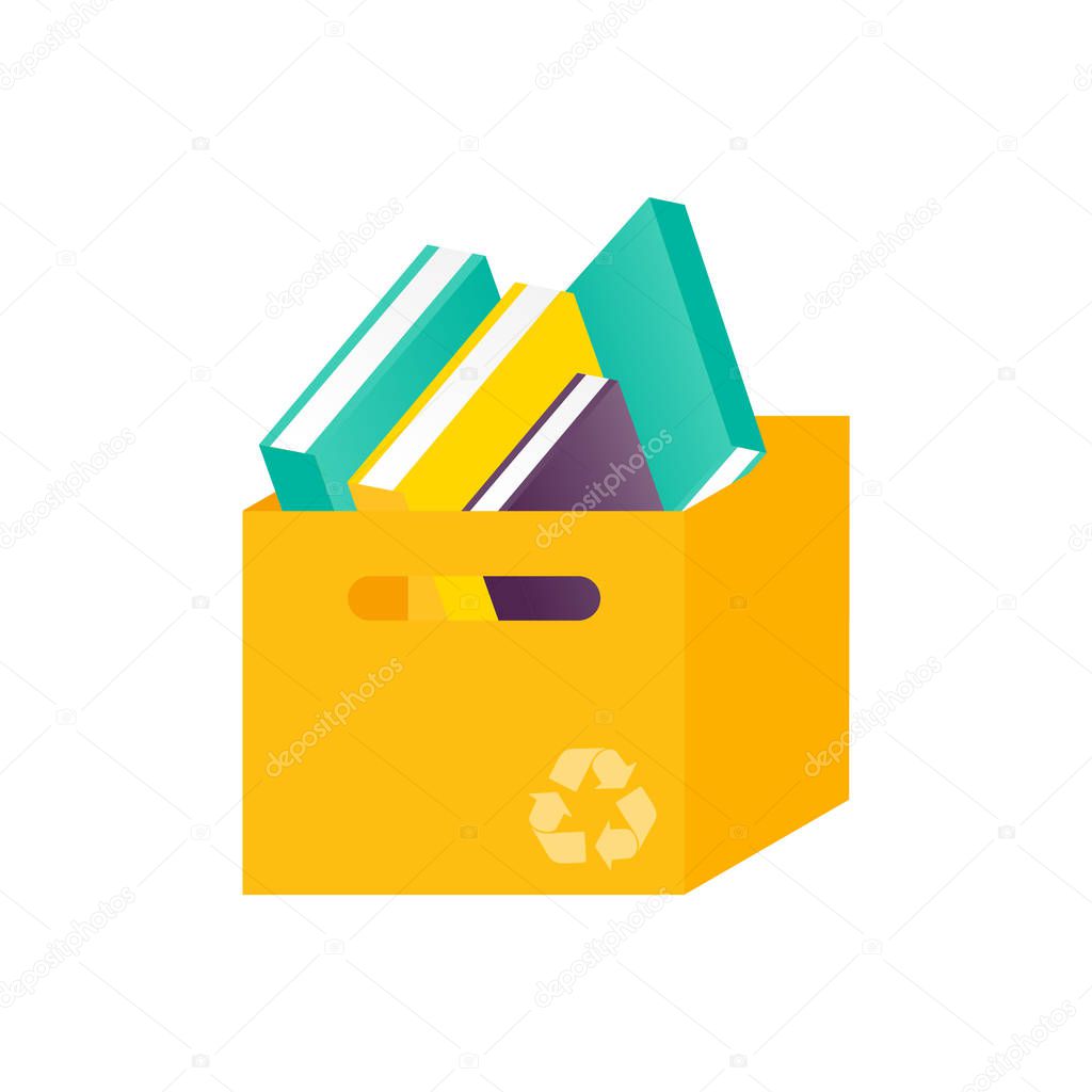 Donation box with books. Charity recycle gift. Isolated paper box with used book. Vector Illustration