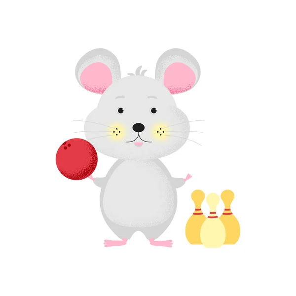 Cute cartoon Mouse playing bowling — Stock Vector