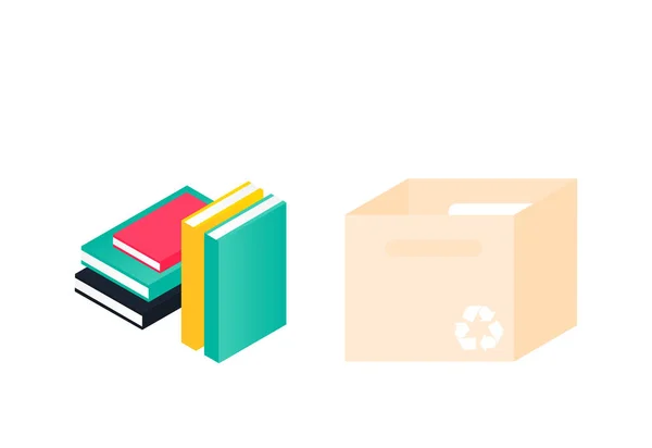 Caja de donación y pila de libros — Vector de stock