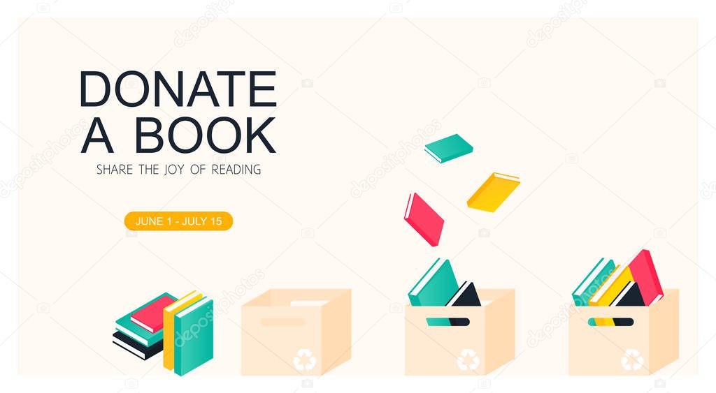 Donation box with books. Charity recycle gift. Flying used book in paper box concept. Vector Illustration