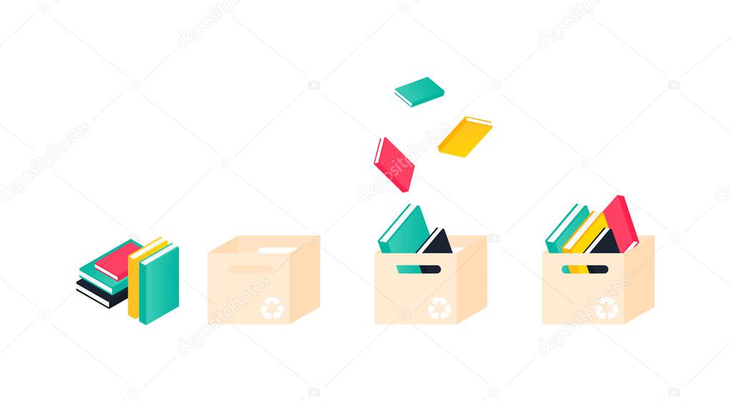 Donation box with books. Charity recycle gift. Collectinf process. Vector Illustration