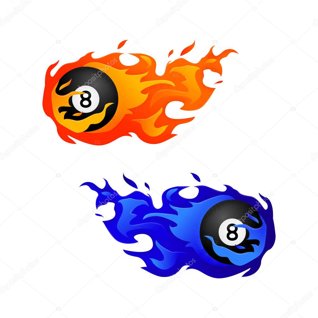 Set of Flying black billiard eight ball in fire isolated in modern flat style. Pool or snooker ball with number 8 on white background. Vector Illustration