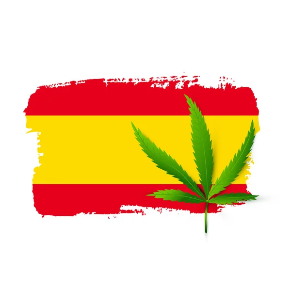 Spanje vlag met realistisch cannabisblad — Stockvector