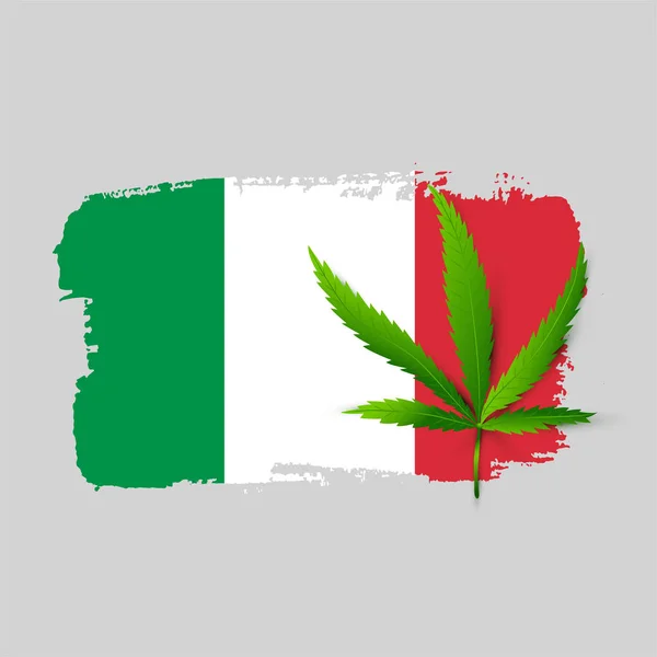 Italiaanse vlag met realistisch cannabisblad — Stockvector