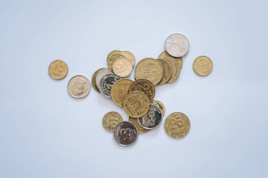 Beyaz arka planda farklı renk, boyut ve tirajdan oluşan Ukrayna sikkeleri 