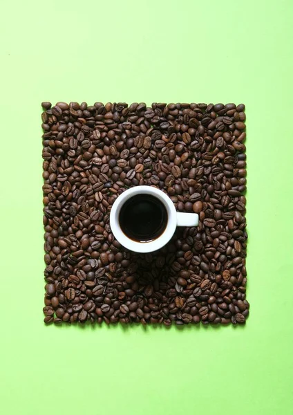 Coffee Composition Cup Coffee Coffee Beans Green Background Coffee Mood — Stock Photo, Image