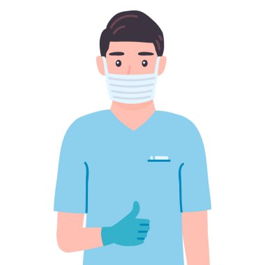 Cerrah onay işareti gösteriyor. Havalı jestler. Maskeli doktor erkek kişiliği kabul ediyor, onaylıyor, kabul ediyor, kabul ediyor. Eldivenli sıhhiye Çizgi film düz stili izole vektör illüstrasyonu