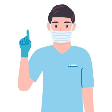 Cerrah işaret ediyor. Maskeli doktor erkek kişiliği tıbbi bir fikirle çıkageldi, el kol hareketi. Karakter tavsiyesi, açıklama. Çizgi film düz stili izole vektör illüstrasyonu.