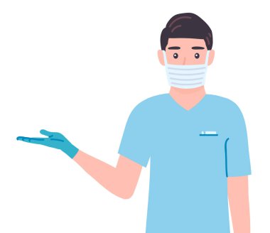 Cerrah tıbbi ürünler için boş yer gösteriyor. Maskeli doktor erkek kişiliği sağlık dersleri, sunumda el kol hareketi. Eldivenli adam karikatür düz şekilde izole vektör çizimi
