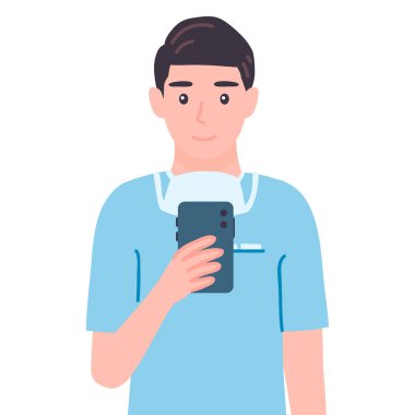 Telefonlu bir cerrah. Doktor erkek kişiliği akıllı telefon kullanır. Düz çizgi film tarzında aygıt izole vektör illüstrasyonlu sıhhiye