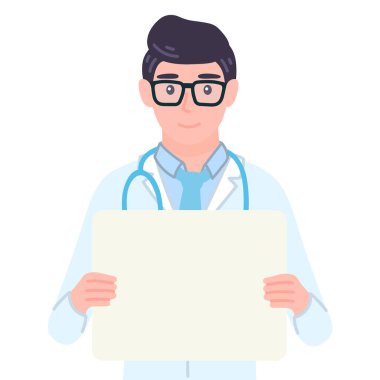 Doktor elinde boş bir tahta tutuyor. Tıbbi erkek kişiliği belirti gösteriyor. Boş ticari afişi olan gözlüklü bir uzman. Çizgi film düz stiliyle izole vektör illüstrasyonu