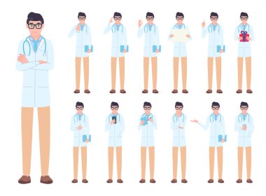 Doktor farklı pozlar verdi. Erkek medikal, profesyonel karakter hareketleri, çeşitli aksiyon paketlerindeki duygular. Steteskoplu gözlüklü bir adam. Çizgi film düz stiliyle izole vektör illüstrasyonu