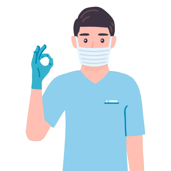 外科医がジェスチャーを見せる ポジティブ ジェスチャーOkマスクの医者の男性は感情に同意します 手袋の専門家漫画のフラットスタイルで絶縁ベクトルイラスト — ストック写真