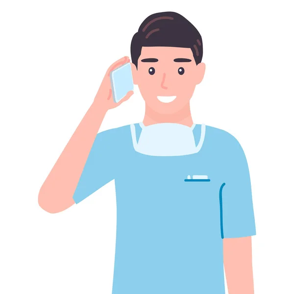 外科医が携帯電話で話してる スマートフォンを通してコミュニケーションをとる男性医師 医療専門家漫画のフラットスタイルで絶縁ベクトルイラスト — ストック写真