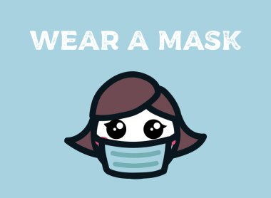 Bir maske önleme işareti takın. Coronavirus covid-19 enfeksiyonu sırasında kadın grip maskesi takıyor. Çizgi roman tarzında vektör illüstrasyonu. Virüs uyarı güvenlik işareti