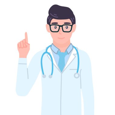 Doctor pointing finger up. Male personage came up with medical idea, gesturing. Character giving advice, explaining. isolated vector illustration in cartoon flat style. clipart