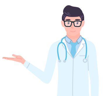 Doctor showing open hand with space for medical product. Male personage health care lectures, gesturing at presentation. Specialist with stethoscope. Isolated vector illustration in cartoon flat style clipart