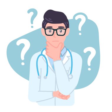 Düşünen Doktor. Gözlüklü, tuhaf bir ifadesi olan, kafası karışık, meraklı bir erkek. Çizgi film düz tarzında endişeli karakter izole vektör çizimi.