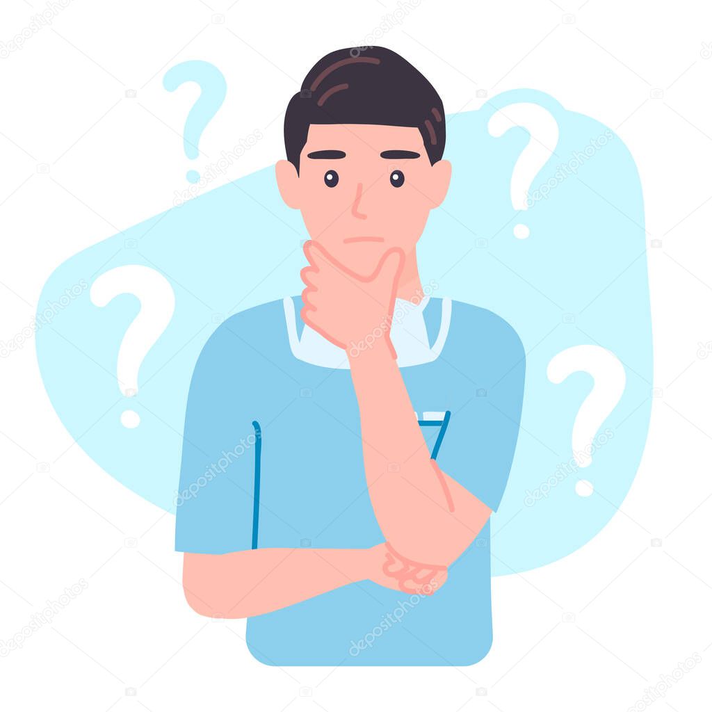 Thinking Surgeon Doctor. Medical male personage with a curious expression, confused, wonder. Worried character isolated vector illustration in cartoon flat style.