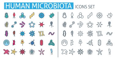 İnsan mikrobiyota simgeleri ayarlandı. Tıbbi Biyoloji uygulaması için, bakteriyel flora, patojen, mikroorganizma, virüs mikroorganizmaları poster mikrop pankartı, enfeksiyon elementleri şablonu. İnce çizgi ağ sembolleri düz çizgi