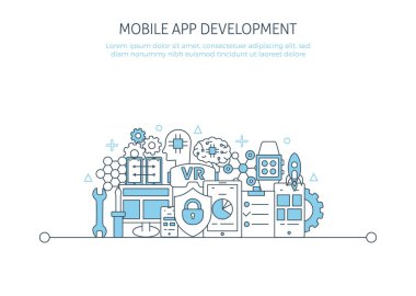 Mobil uygulama geliştirme pankartı. İniş sayfası Smartphone kullanıcı arayüzü, web sitesi simgeleri, Yazılım API, Seo poster konsepti Dijital Pazarlama, UI elemanları şablonu. İnce çizgili Web Tasarım sembolleri düz