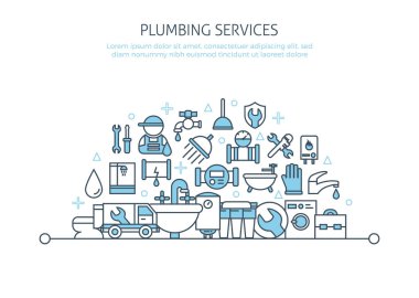 Profesyonel tesisatçı web sitesi afişi. Yuvarlak konsept şablonu. Banyosu, vanası, tuvaleti, tüpü olan ince ağ sembolleri. Tesisat tamiratı, tamirci posteri, iniş sayfası.