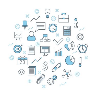 Üretkenlik için ince çizgi simgeleri, iş simgeleri. Yönetim iş vektörü finans, strateji, pazarlama, seo, lojistik, bankacılık, motivasyon, verimlilik posterleri için biçim sembolleri özetliyor