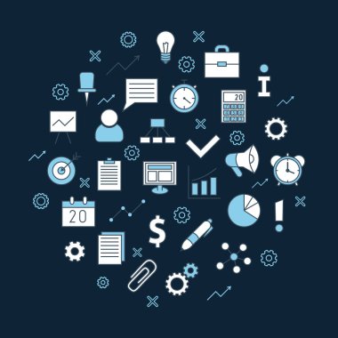 Üretkenlik için ince çizgi simgeleri, iş simgeleri. Yönetim iş vektörü finans, strateji, pazarlama, seo, lojistik, bankacılık, motivasyon, Karanlık Üretim posterleri için stil sembolleri özetliyor
