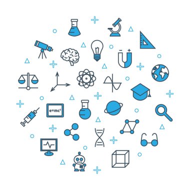 Bilim afişi şablonu. Teknoloji yuvarlak konsept şablonu. Seyyar uygulama, poster, afiş, mühendislik unsurları, matematik eğitimi, kimya araştırmaları için düz web sembolleri ana hatları simgeleri