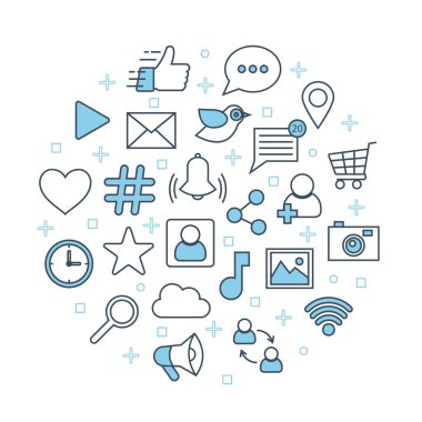 Sosyal ağ posteri. İnce çizgi simgeleri pazarlama konsepti afişini belirler. Sosyal medya web sembolleri mobil uygulama, iletişim, ağ, yorum, arkadaş, paylaşım, ileti, gönderim için düz bir biçim