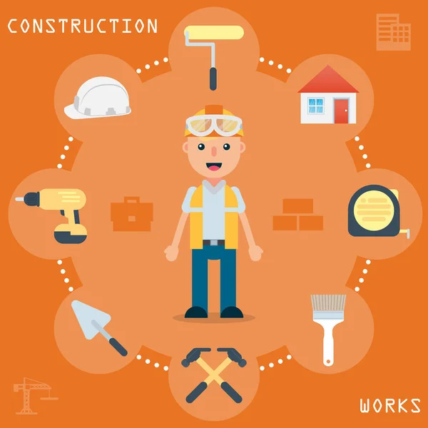 Concepção Obras Construção Construtor Técnico Engenheiro Com Ícones Planos Equipamento — Vetor de Stock