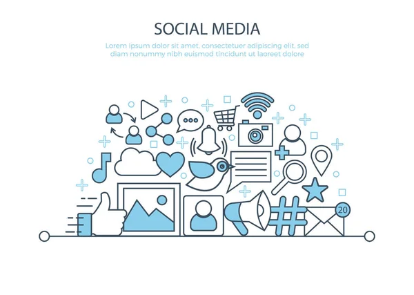 Cartel Medios Sociales Thin Line Icons Set Marketing Concept Banner — Vector de stock