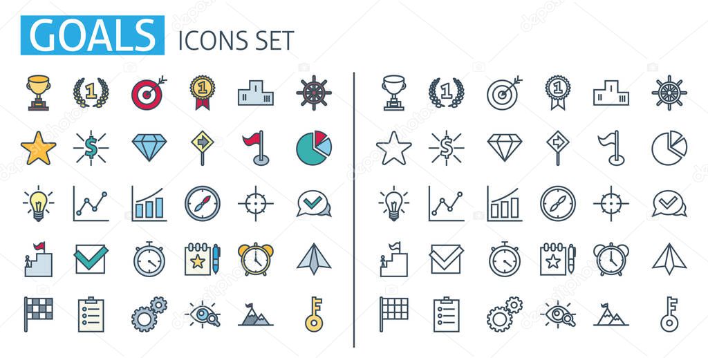 Goal icons set. For Business app, Solution strategy, Challenge, Trouble, obstacles, growth to success, Creative ideas poster concept banner elements template. Thin line web symbols outline flat