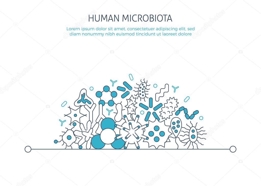 Human microbiota banner. For medical Biology landing page app icons, bacterial flora pathogen, germ, virus microorganisms poster concept microbe Infection elements template. Thin line web symbols flat