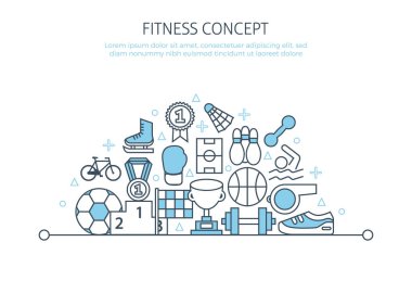 Spor afişi şablonu. İnce çizgi simgeleri fitness konsepti pankartı. Spor ekipmanları web sembolleri futbol, basketbol, mobil uygulama arka planı, sağlıklı yaşam tarzı, top, oyun için düz bir biçim.