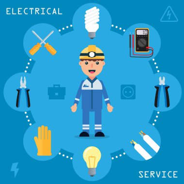 Elektrik işçisi servis tasarımı konsepti. Elektriksel ekipman düz simgeler. Ampul, pense, pense, tornavida, multimetre, voltaj, elektronik ölçüm aleti, kablo, koruyucu eldivenler.