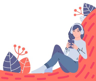 Sesli kitapları dinleyen kadın. Müzik, dil dersleri, edebiyat, radyo veya podcast. Kulaklıklı bir kadın karakter. Boş zaman ve eğitim. Çizgi film düz stiliyle vektör illüstrasyonu