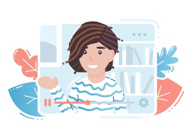 Blogcu kız. Çizgi film karakteri yükleniyor. Çevrimiçi video blogu. İçerik sosyal medya vlog 'una yükleniyor. Düz vektör çizimi. Abonelerden, takipçilerden beğeni alıyor. Video oynatıcıda