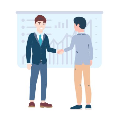 Ortaklık. İki iş adamının tokalaşması. Partilerin anlaşması. Başarılı iş ekibi toplantısı. Ofis çalışanları anlaşma işlemleri ve işbirliği yapan karakterler yatırım başlatma vektörü Düz