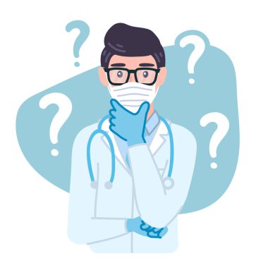 Thinking Doctor in gloves. Masked Medical male personage in glasses with a curious expression, confused, wonder. Worried character isolated vector illustration in cartoon flat style clipart