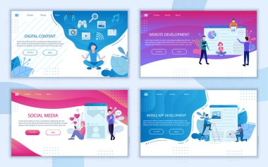 Dijital içerik iniş sayfası paketi. İçerik pazarlama web sitesi afişleri. Mobil uygulama geliştirme dijital teknolojileri, Sosyal medya iş afişi unsurları şablonu. Web sembolleri insanları düzleştirir